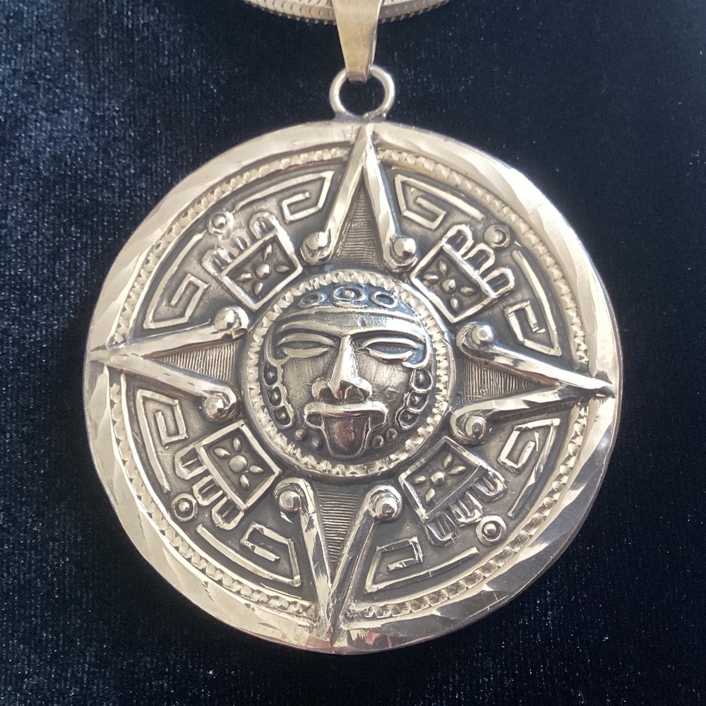 Sterling Silver Sun/Mayan Calendar Pendant on 30” Chain